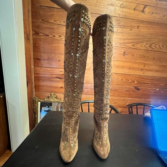 Yves Saint Laurent Shoes - Saint Laurent Studded Brown Suede Knee Boots - Size 8